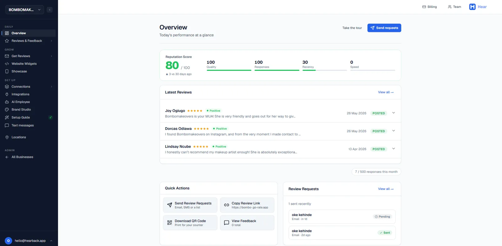 HearBack review dashboard